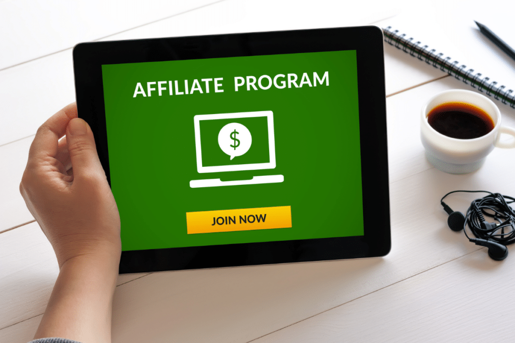 Tablet with Affiliate Program Join Now on the screen