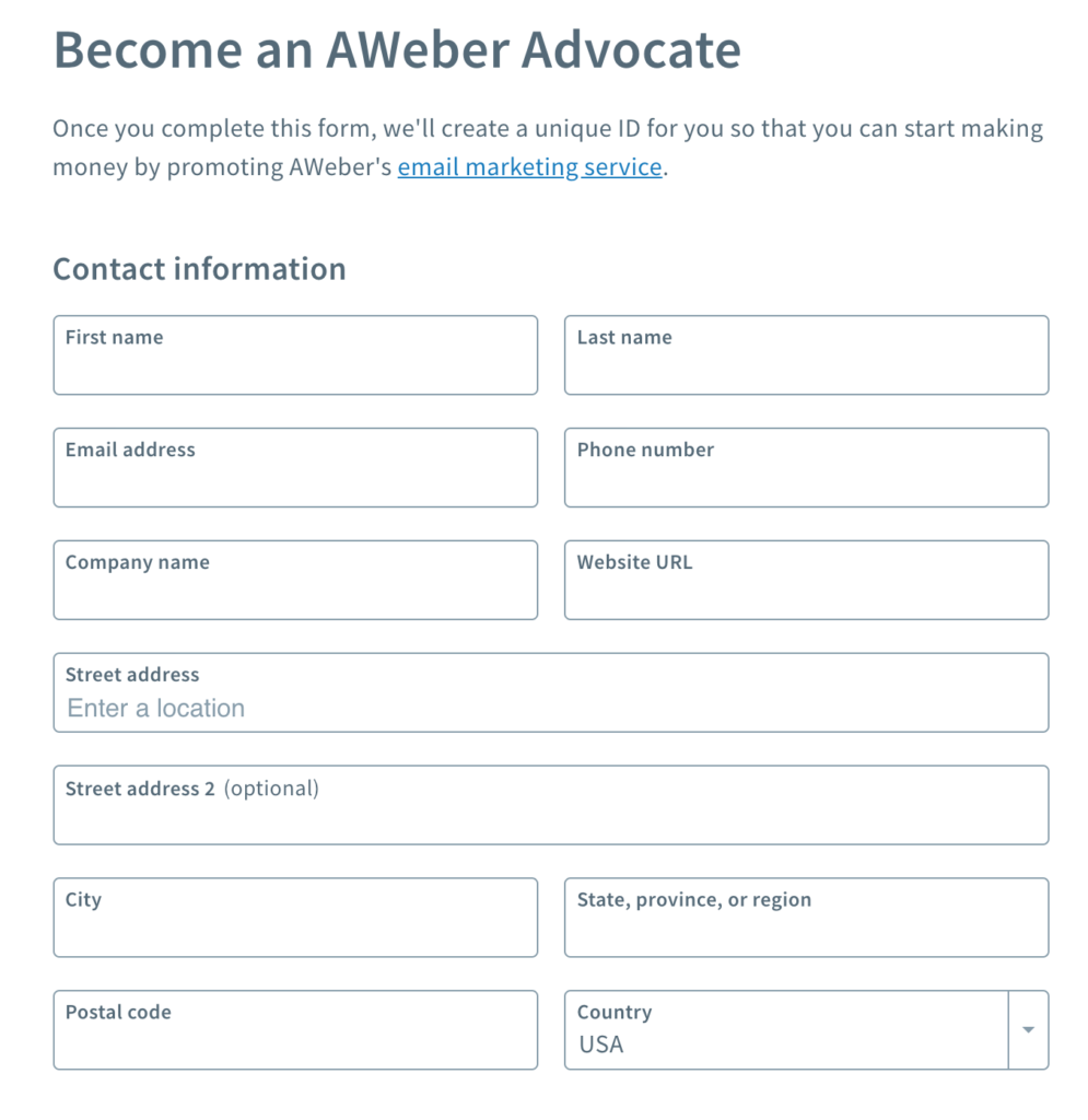 AWeber Affiliate Sign Up Your Personal Details