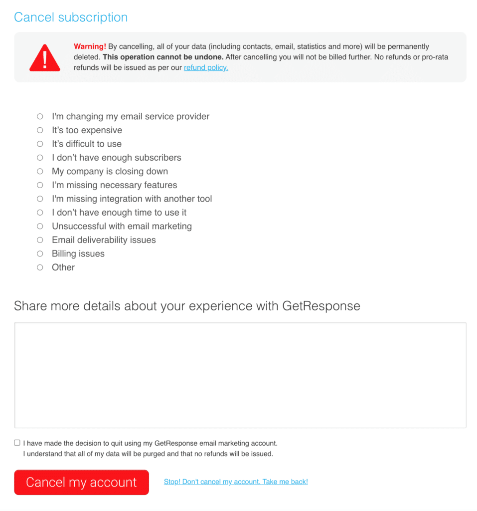 GetResponse account cancellation feedback form